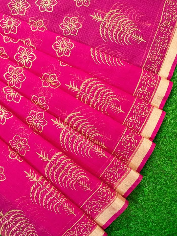 Cotton Kota Doria Block Printed Saree With Running Blouse.-Product 1