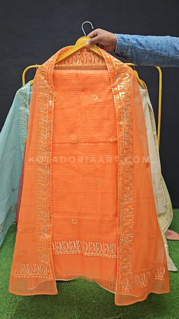 Yellow Kota Doria Cotton Gota-Patti Work Dress Material with Bottom