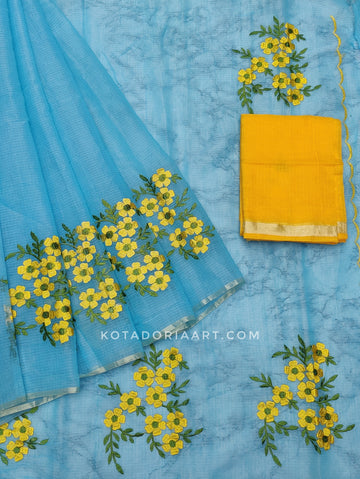Sky-blue Cotton Kota Doria Embroidery Work Saree With Contrast Blouse Piece