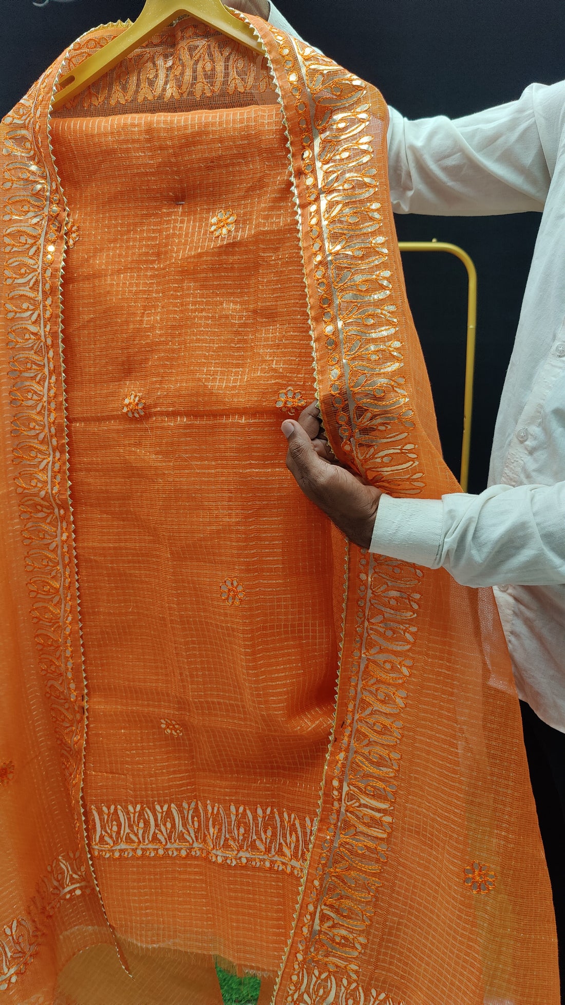 Orange Kota Doria Cotton Gota-Patti Work Dress Material with Bottom