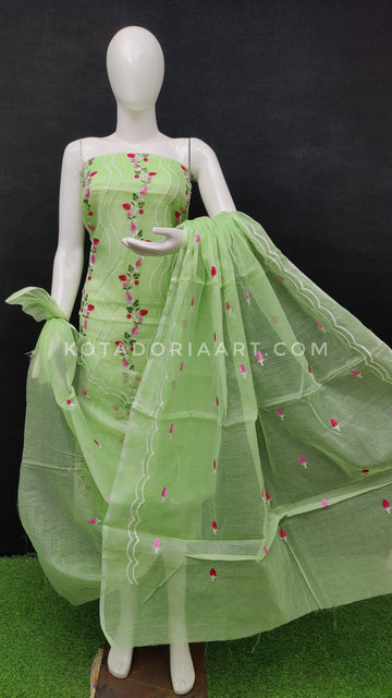 Green Kota Doria Cotton Embroidery Work Dress Material