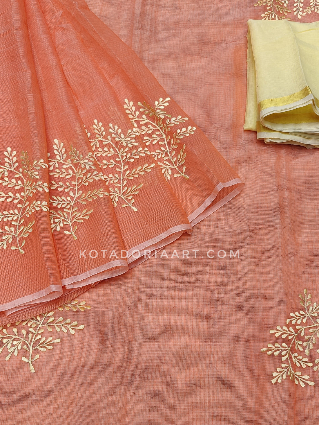 Orange Cotton Kota Doria Embroidery Work Saree With Contrast Blouse Piece