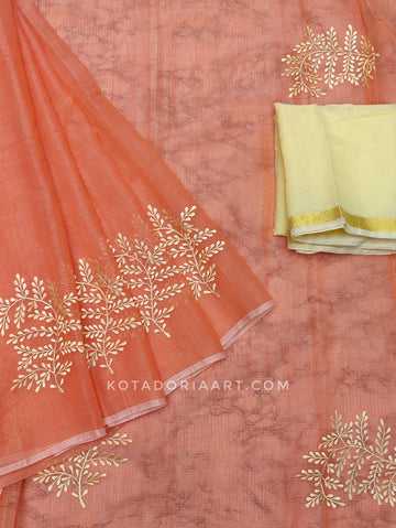 Orange Cotton Kota Doria Embroidery Work Saree With Contrast Blouse Piece