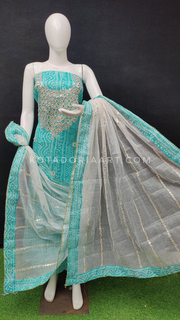Sea-Green Bandhej Kota Doria Cotton Gota-Patti Work Dress Material
