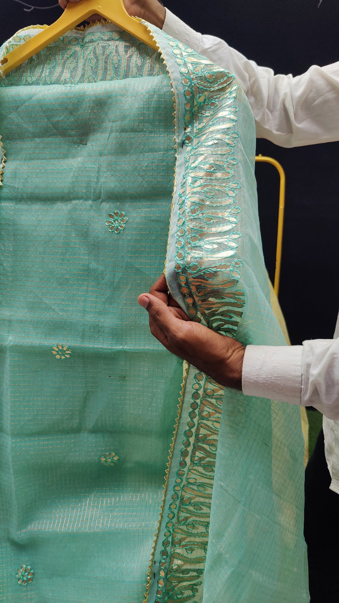 Sea green Kota Doria Cotton Gota-Patti Work Dress Material with Bottom