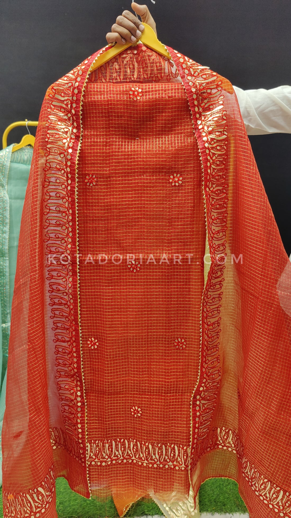 Red Kota Doria Cotton Gota-Patti Work Dress Material with Bottom