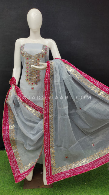 Gray Bandhej Border Kota Doria Cotton Gota-Patti Work Dress Material