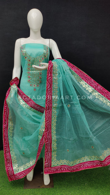 Sea-Green Bandhej Border Kota Doria Cotton Gota-Patti Work Dress Material