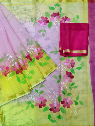 Cotton Kota Doria Hand Pented Saree With Running Blouse.
