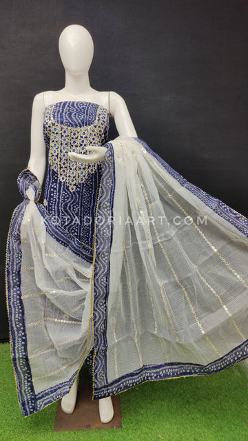 Blue Bandhej Kota Doria Cotton Gota-Patti Work Dress Material