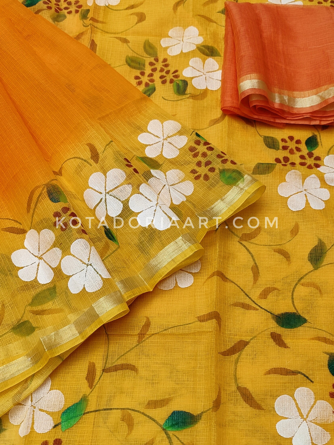 Yellow Cotton Kota Doria Hand Painted Saree With Contrast Blouse