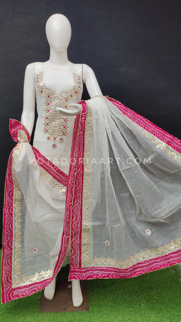 White Bandhej Border Kota Doria Cotton Gota-Patti Work Dress Material