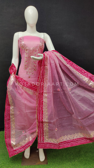 Pink Bandhej Border Kota Doria Cotton Gota-Patti Work Dress Material
