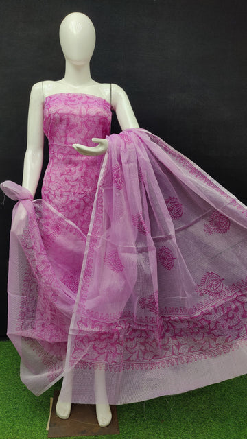 Purple Kota Doria Cotton Block Printed Dress Material