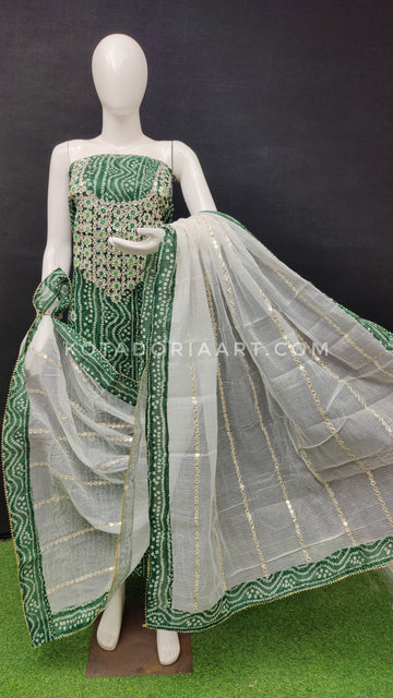 Green Bandhej Kota Doria Cotton Gota-Patti Work Dress Material