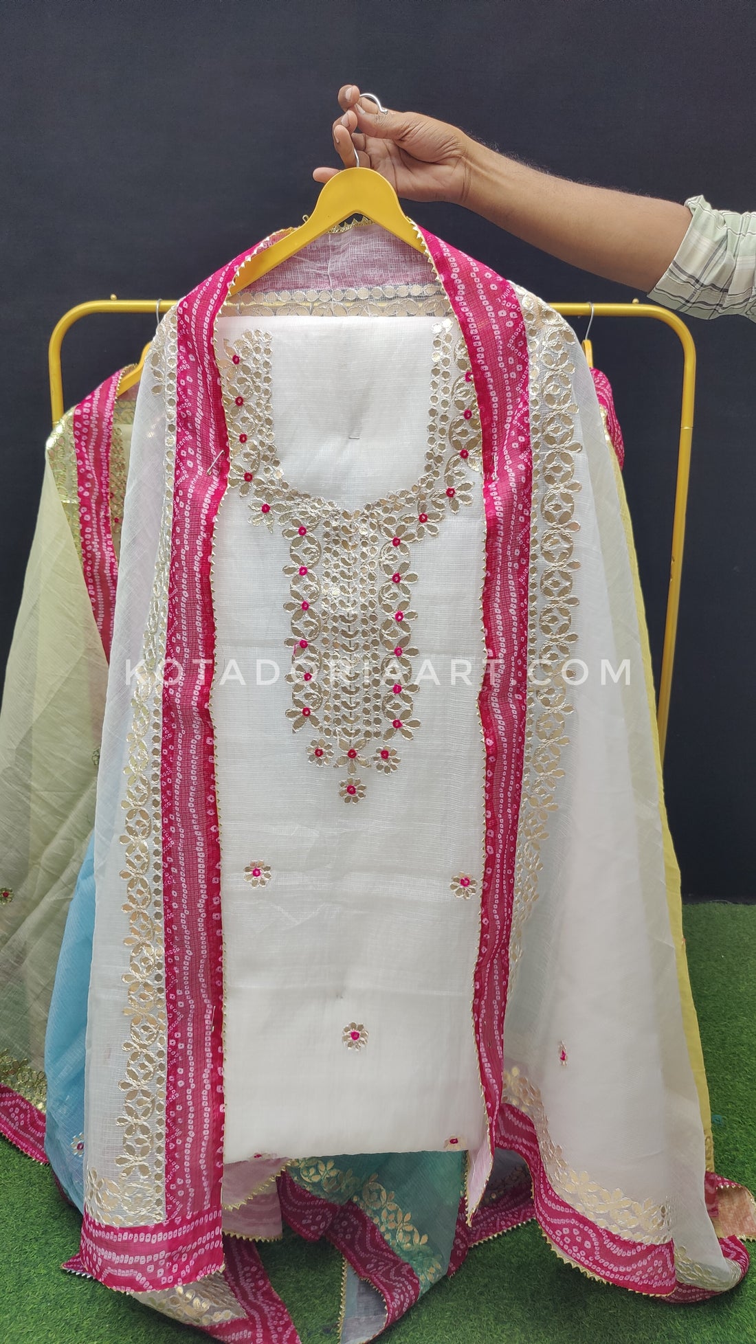 White Bandhej Border Kota Doria Cotton Gota-Patti Work Dress Material