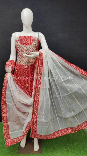 Red Bandhej Kota Doria Cotton Gota-Patti Work Dress Material