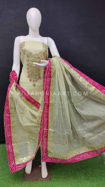 Pista-Green Bandhej Border Kota Doria Cotton Gota-Patti Work Dress Material