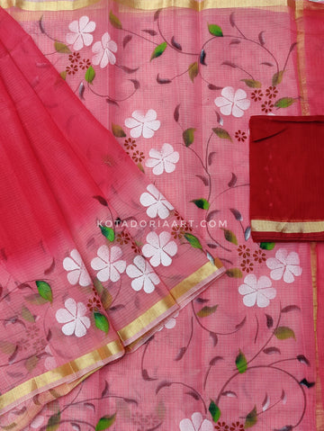 Peach Cotton Kota Doria Hand Painted Saree With Contrast Blouse