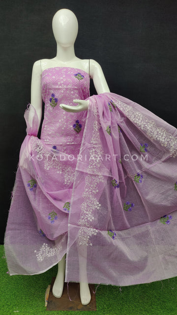 Purple Kota Doria Cotton Embroidery Work Dress Material