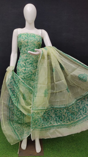 Green Kota Doria Cotton Block Printed Dress Material