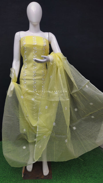 Lemon Kota Doria Cotton Embroidery Work Dress Material