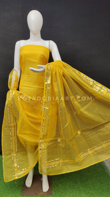 Yellow Kota Doria Cotton Gota-Patti Work Dress Material with Bottom