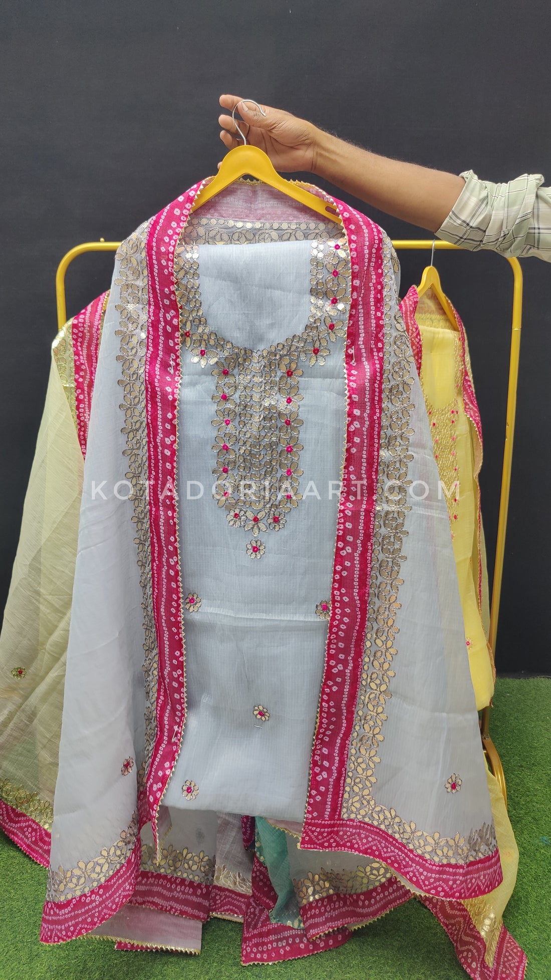 Gray Bandhej Border Kota Doria Cotton Gota-Patti Work Dress Material