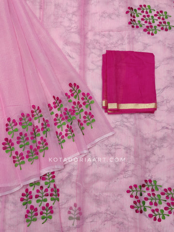 Pink Cotton Kota Doria Embroidery Work Saree With Contrast Blouse Piece