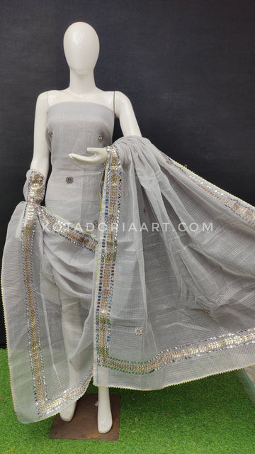 Gray Kota Doria Cotton Gota-Patti Work Dress Material with Bottom