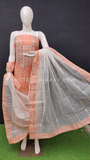 Peach Bandhej Kota Doria Cotton Gota-Patti Work Dress Material