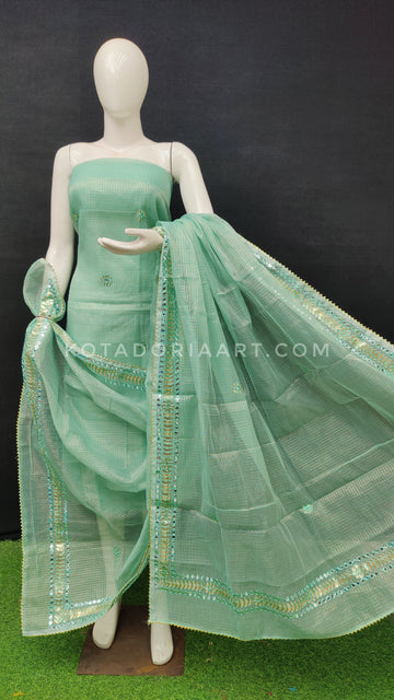 Sea Green Kota Doria Cotton Gota-Patti Work Dress Material with Bottom