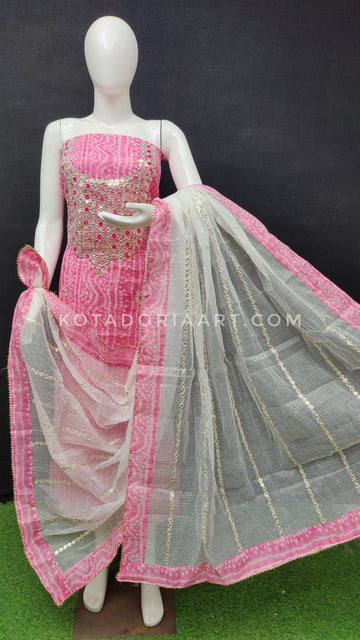 Pink Bandhej Kota Doria Cotton Gota-Patti Work Dress Material