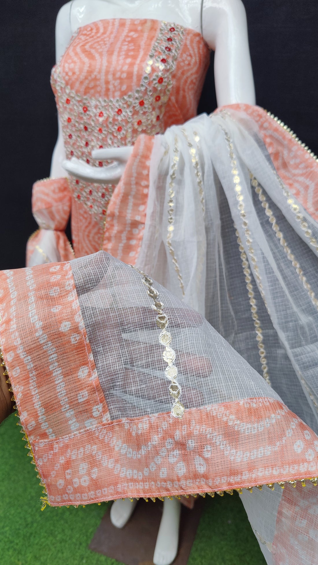 Peach Bandhej Kota Doria Cotton Gota-Patti Work Dress Material