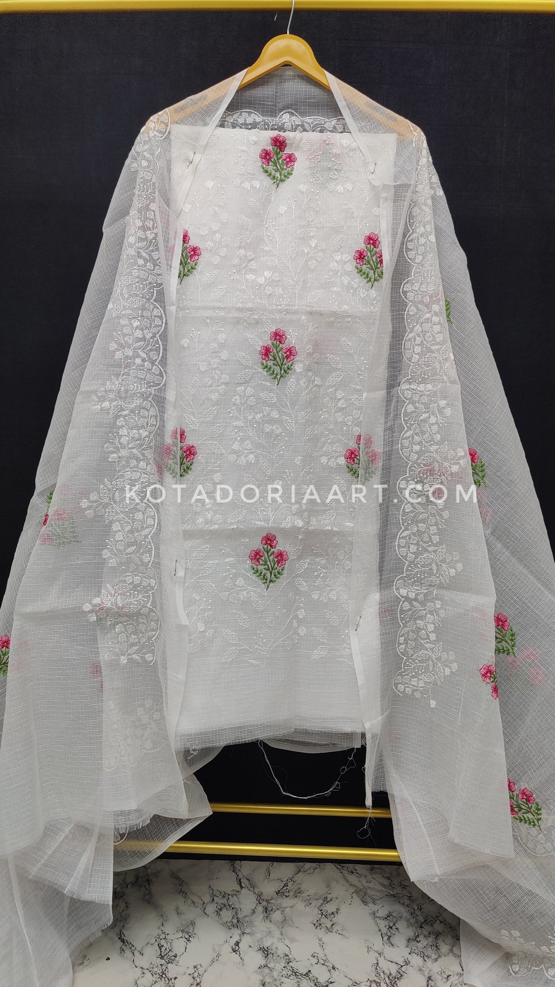White Kota Doria Cotton Embroidery Work Dress Material