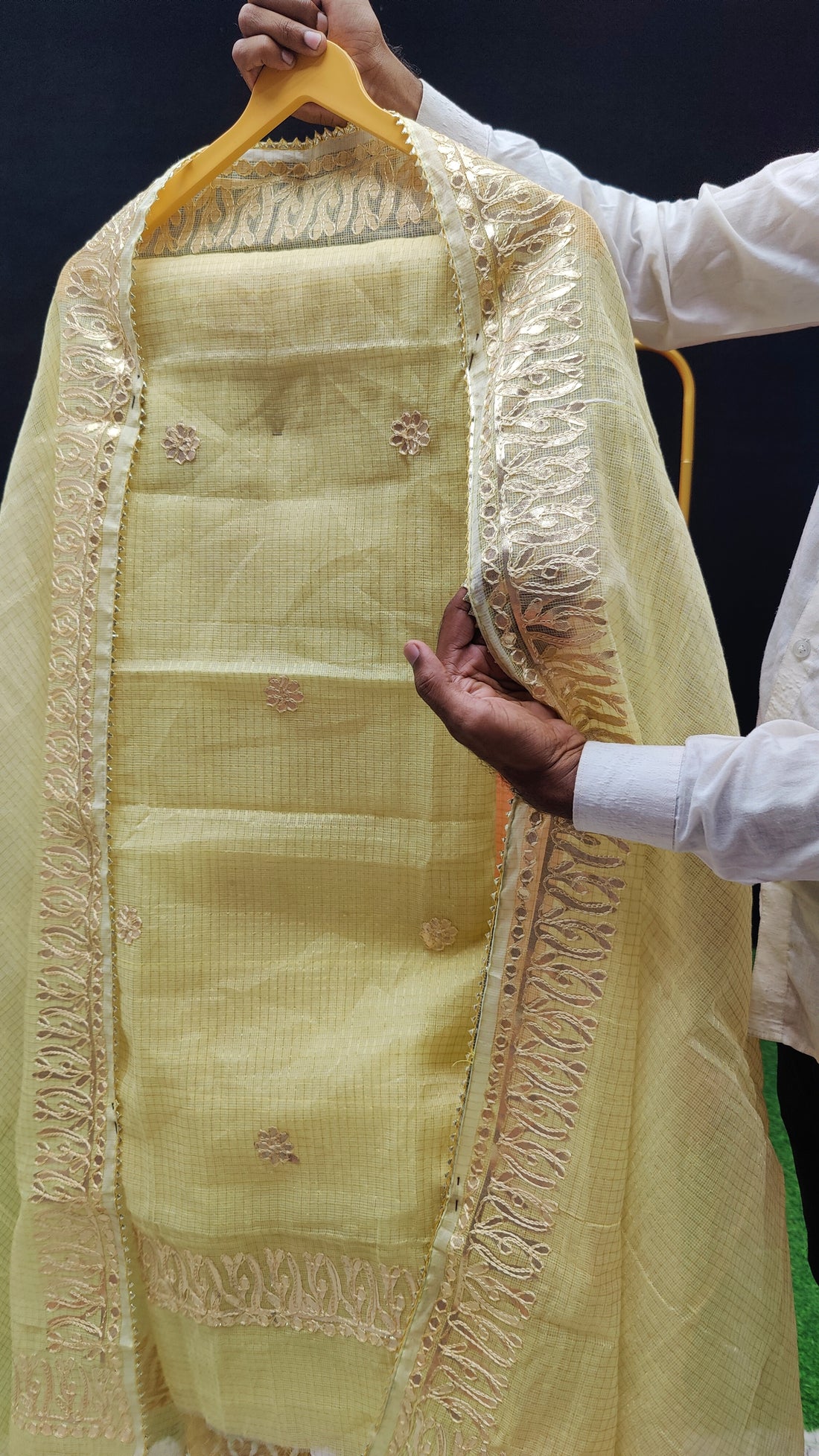 Lemon Kota Doria Cotton Gota-Patti Work Dress Material with Bottom