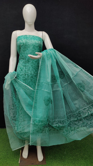 Sea Green Kota Doria Cotton Block Printed Dress Material