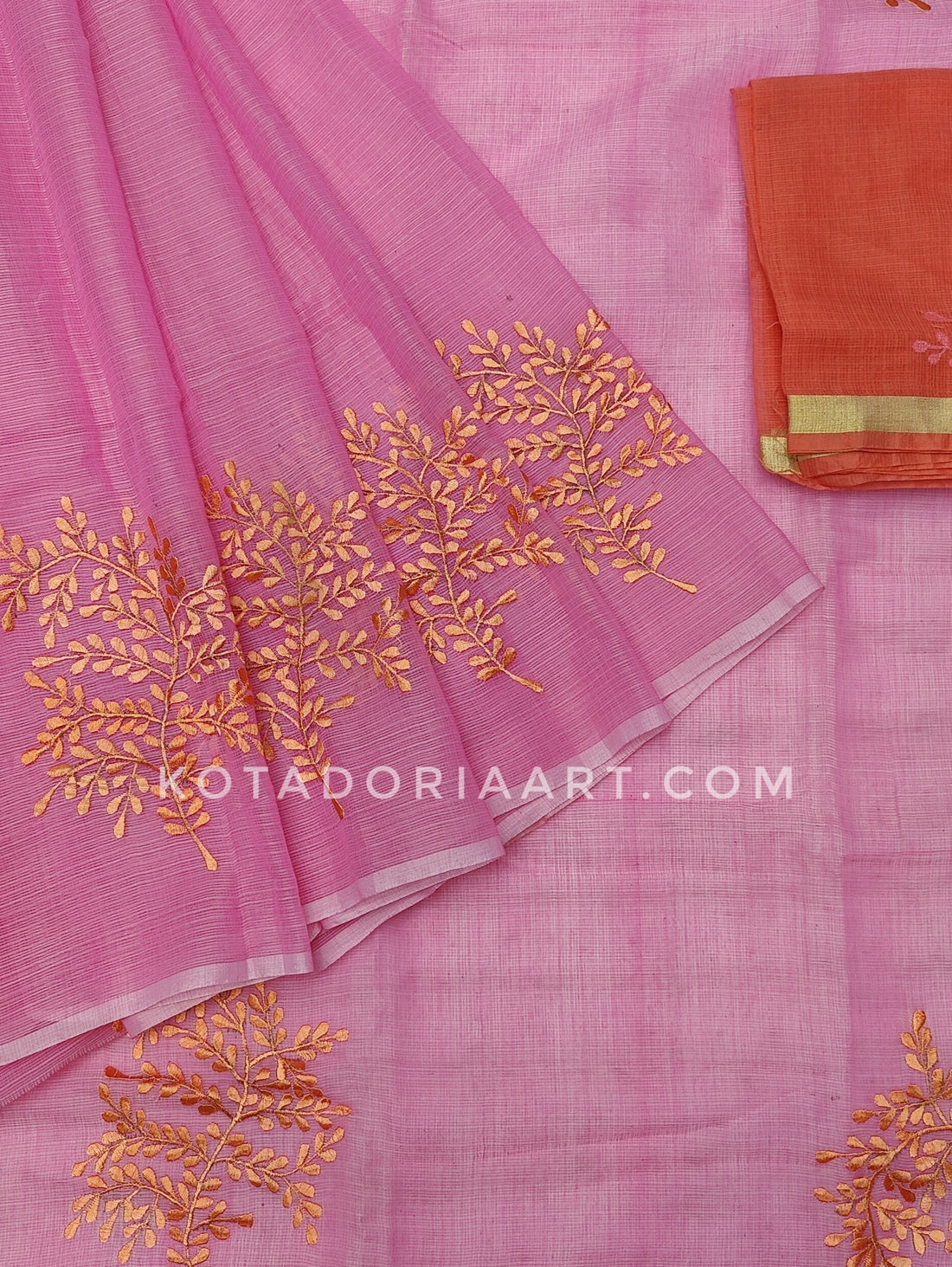 Pink White Cotton Kota Doria Embroidery Work Saree With Contrast Blouse Piece