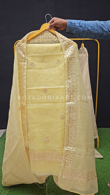 Lemon Kota Doria Cotton Gota-Patti Work Dress Material with Bottom