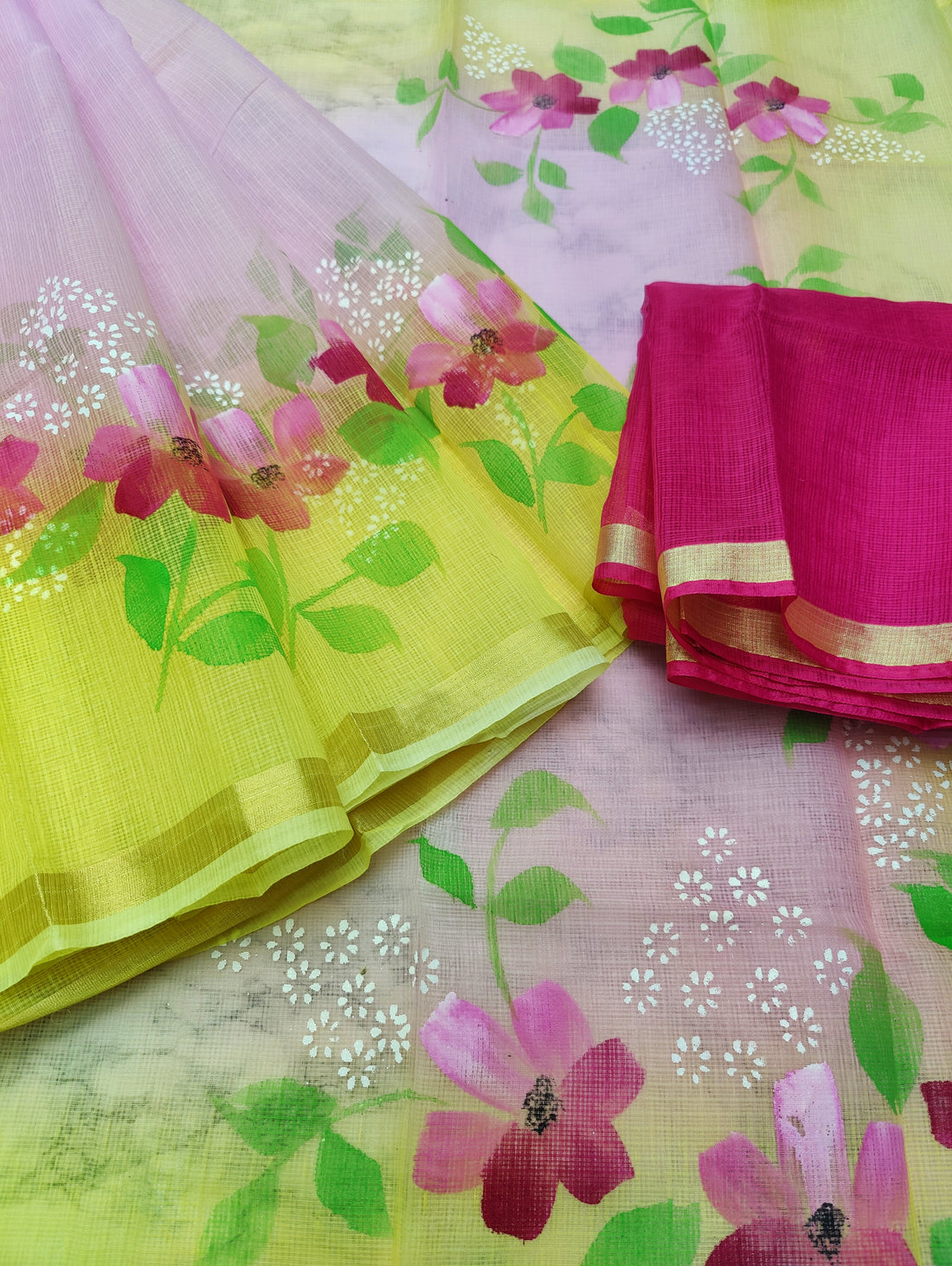 Cotton Kota Doria Hand Pented Saree With Running Blouse.