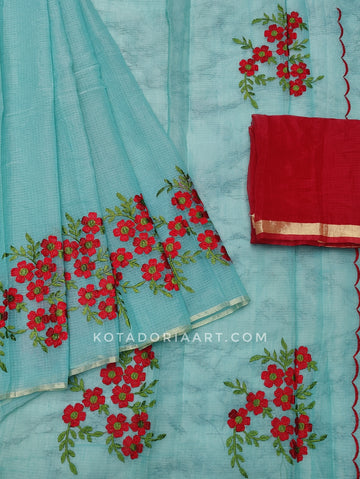 Sea-green Cotton Kota Doria Embroidery Work Saree With Contrast Blouse Piece