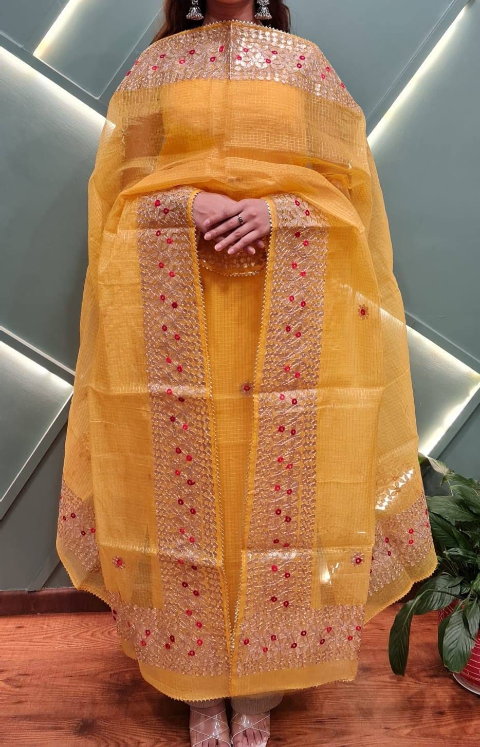 Golden Yellow Kota Doria Cotton Gota-Patti Work Dress Material Golden Yellow Kota Doria Cotton Gota-Patti Work Dress Material
