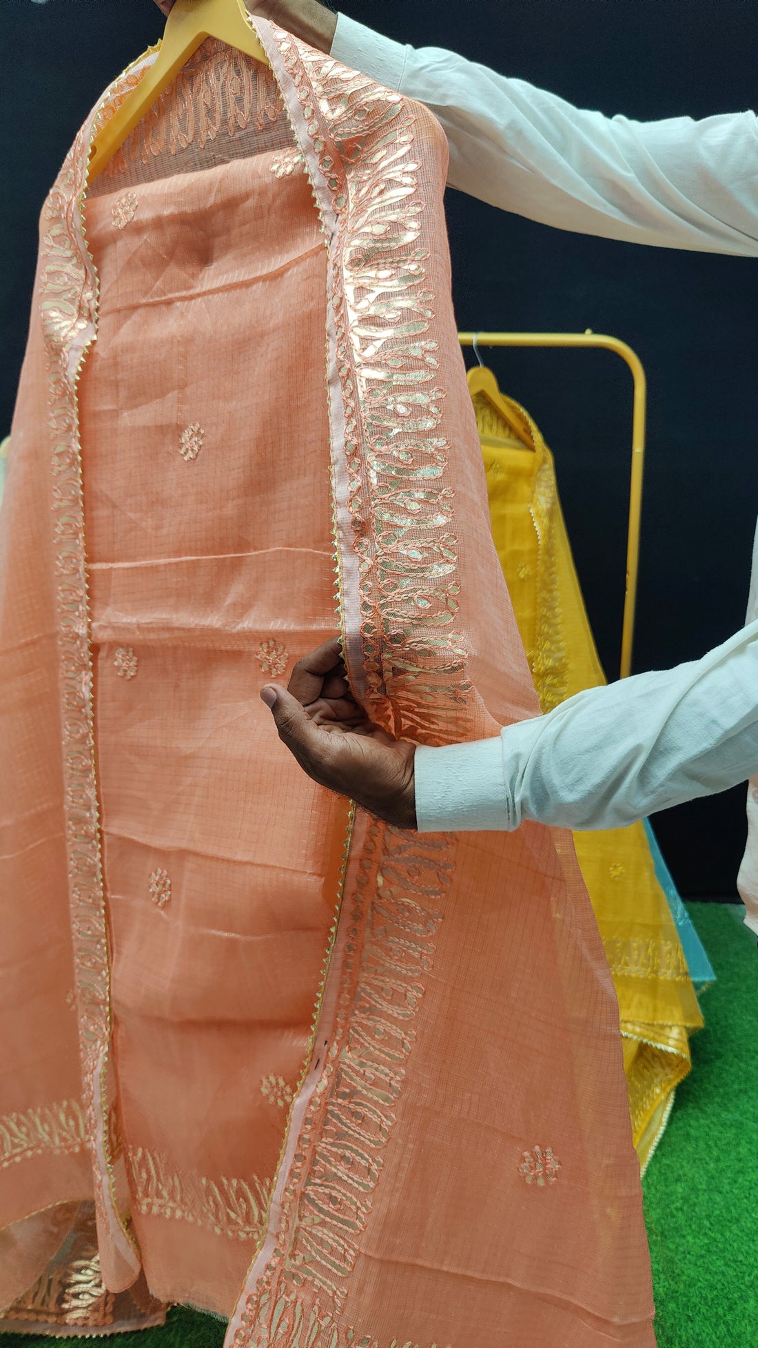 Peach Kota Doria Cotton Gota-Patti Work Dress Material with Bottom