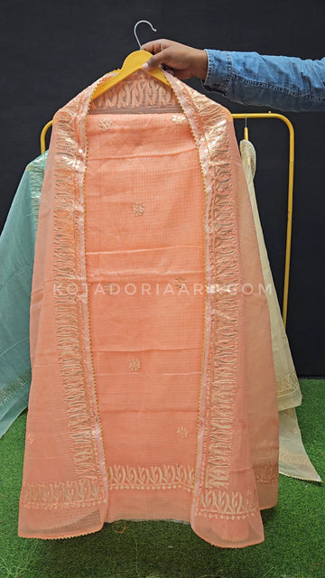 Peach Kota Doria Cotton Gota-Patti Work Dress Material with Bottom
