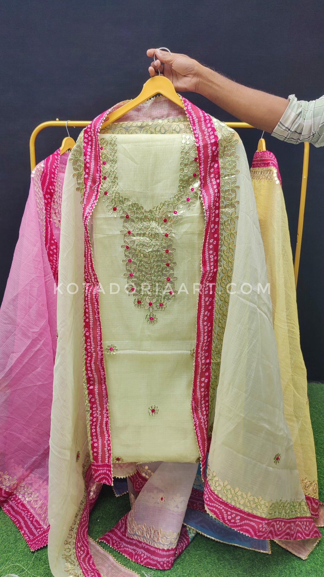 Pista-Green Bandhej Border Kota Doria Cotton Gota-Patti Work Dress Material