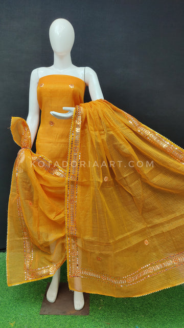 Orange Kota Doria Cotton Gota-Patti Work Dress Material with Bottom