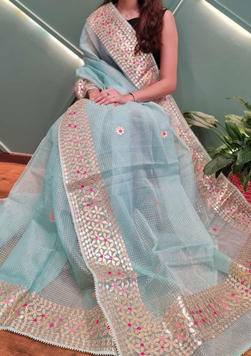 Cotton Kota Doria Gota-Patti&nbsp; Work Saree With Running Blouse.