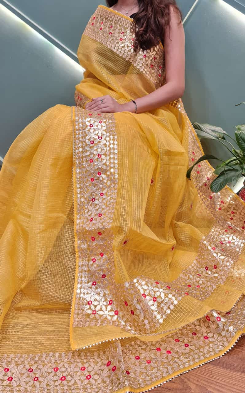 Cotton Kota Doria Gota-Patti&nbsp; Work Saree With Running Blouse.