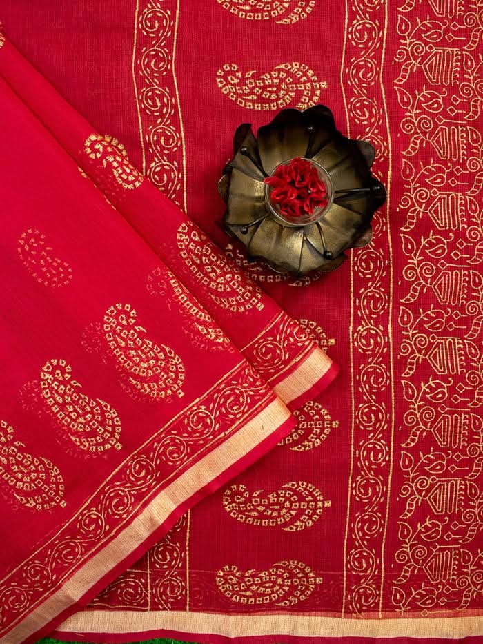 Cotton Kota Doria Block Printed Saree With Running Blouse.-Product 2