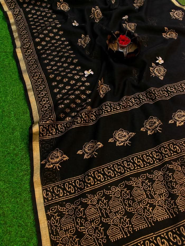 Cotton Kota Doria Block Printed Saree With Running Blouse.-Product 3